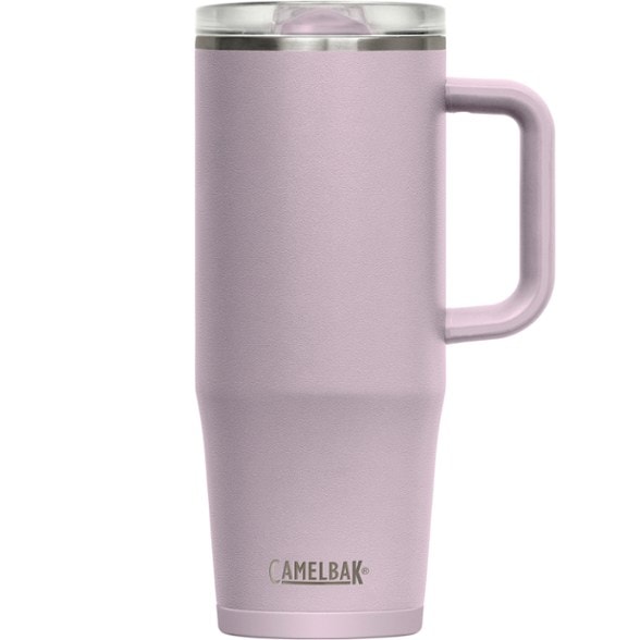 Front view of the CamelBak Traverse 32 oz. leakproof travel mug, showcasing its sleek black finish and ergonomic handle.