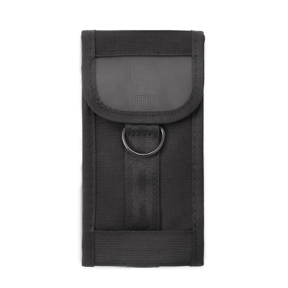 Premium phone pouch for big phones shown attached to a backpack strap