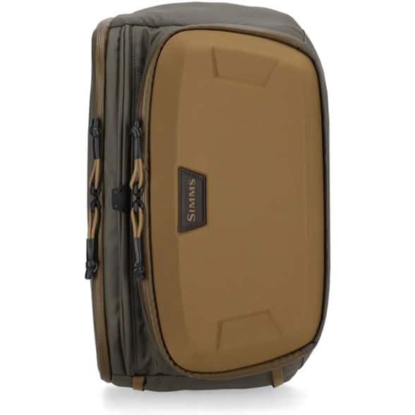 Front angle view of fishing sling pack showing workstation and net holster sleeve