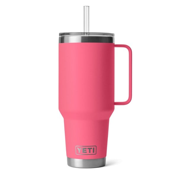 Close-up of YETI Rambler Straw Mug with stainless steel finish and straw lid