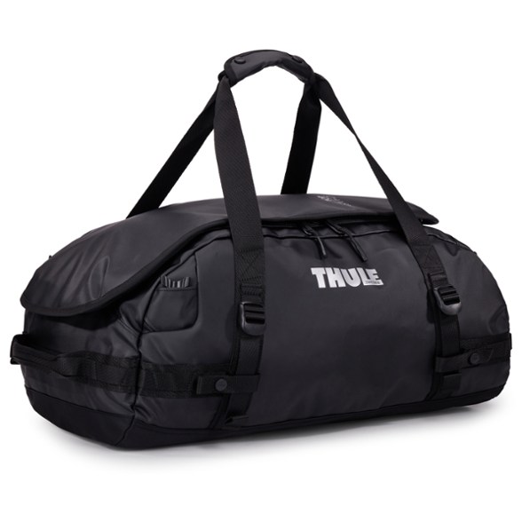 Eco-Conscious 40L Convertible Travel Duffel in weatherproof fabric, showcasing the wide-mouth opening and backpack straps.