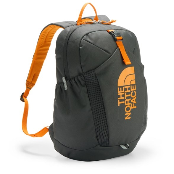 Front view of The North Face Mini Recon youth hiking pack in blue, showing padded straps
