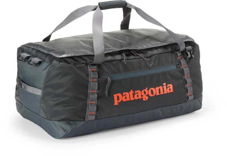 Patagonia Black Hole 70L travel duffel bag showing exterior features and side pocket