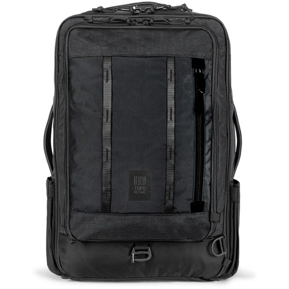 Front view of black Topo AdventurePack 30L showing 3-way carry handles and daisy chain webbing
