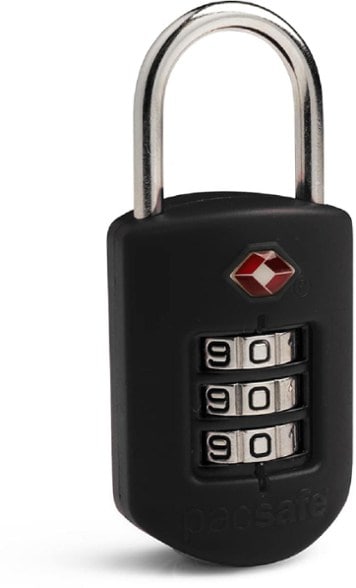 Pacsafe ProSafe 1000 TSA-approved combination lock mounted on luggage showing easy-to-use dials