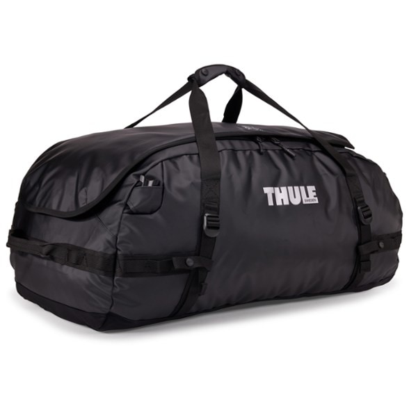 Side view of Thule Chasm 90L duffel showing its durable tarpaulin fabric and large size for outdoor gear