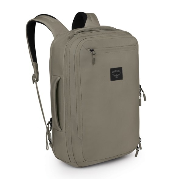 Front view of the Aoede VersaPack in backpack mode, showcasing its sleek design and ample storage for a laptop.
