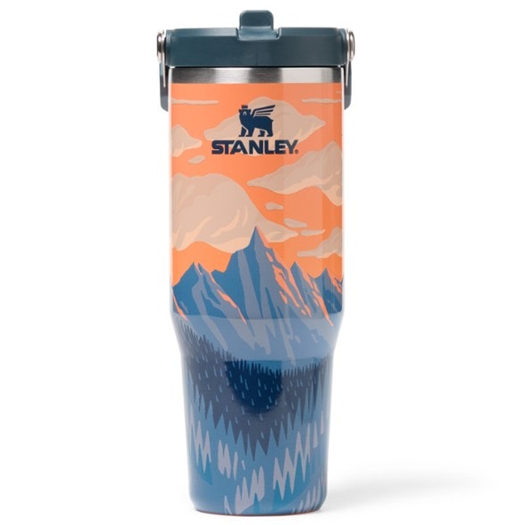 Close-up of the Nature's Resilience Tumbler with a unique design and flip-straw lid in outdoor setting.