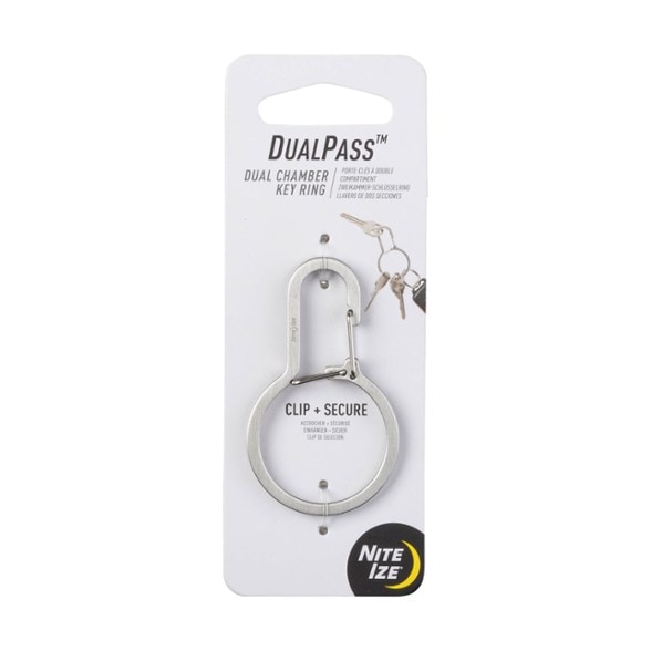 Front view of the stainless steel dual chamber keyring with carabiner clip, showing its secure dual gates