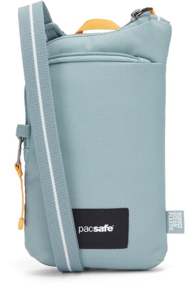 Front view of the Pacsafe GO Tech Anti-Theft Crossbody Bag, highlighting its durable fabric and RFID protection.