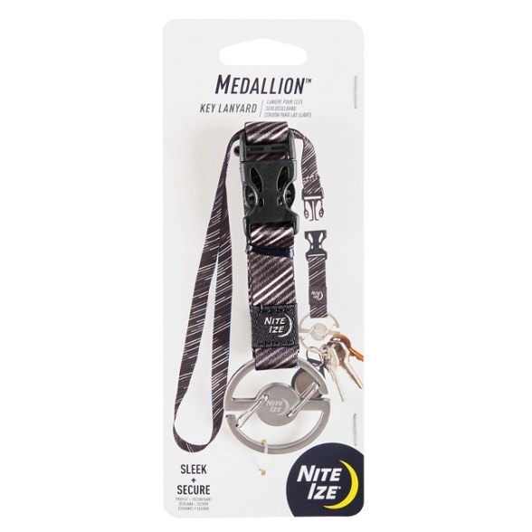 Stainless steel key lanyard with medallion design on outdoor hike