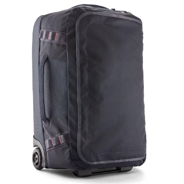Patagonia Black Hole wheeled duffel with wheels showcasing its durable build and exterior pockets.