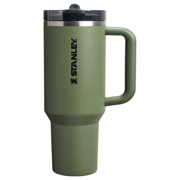 AeroChill 40oz tumbler with flip straw, shown with the straw open and closed, highlighting its leakproof design.