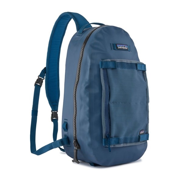 Side view of Guidewater waterproof sling pack with fishing gear