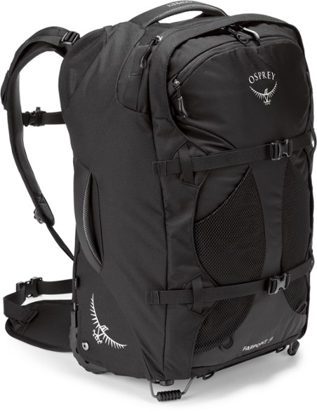Osprey Farpoint 36 wheeled travel backpack in action at an airport.