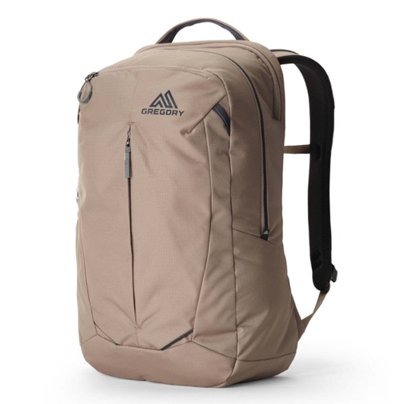 Front view of the recycled backpack showing laptop pocket and streamlined silhouette.
