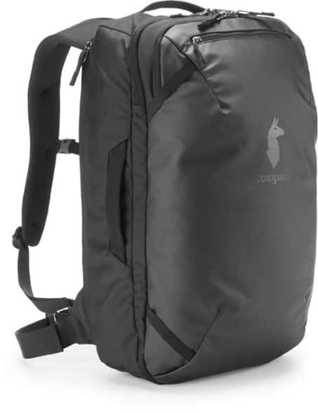 Front view of EcoNomad 28L travel backpack showing suitcase-style opening and water bottle pocket