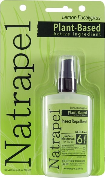 Lemon eucalyptus natural insect repellent spray bottle on outdoor table