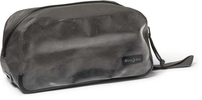 Waterproof toiletry bag with hanging hook showing front view