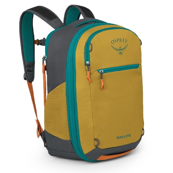 Side view of the Osprey Daylite Expandable 26+6 travel pack in black, fully expanded, showcasing its increased volume.