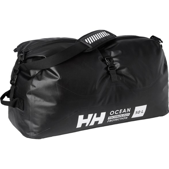 Helly Hansen 50L waterproof duffel bag in black, shown from the front with roll-top closure secured, perfect for an offshore adventure.