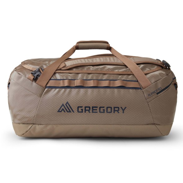 Eco-Friendly Explorer 60L Duffel Bag with expandable pocket, perfect for hiking.