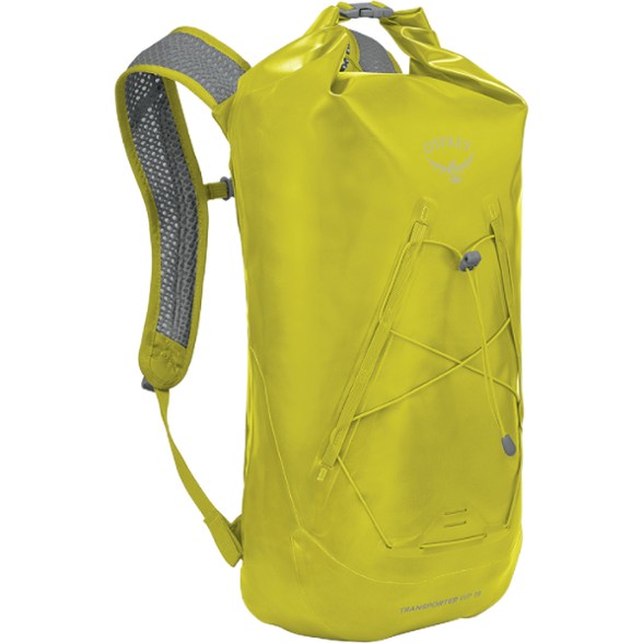 Front angle view of the Osprey waterproof backpack showing roll-top closure and daisy chain loops