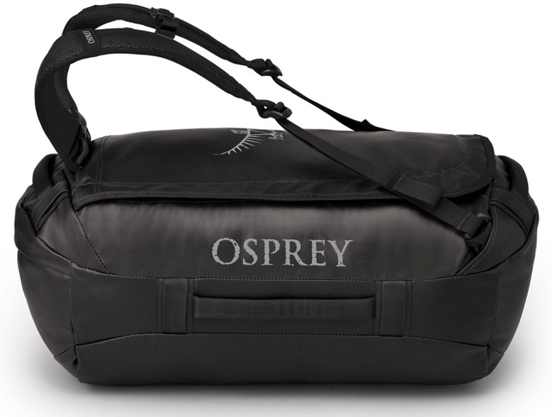 Osprey Transporter 40L duffel bag open showing spacious main compartment, weather-resistant zippers, and organized storage.