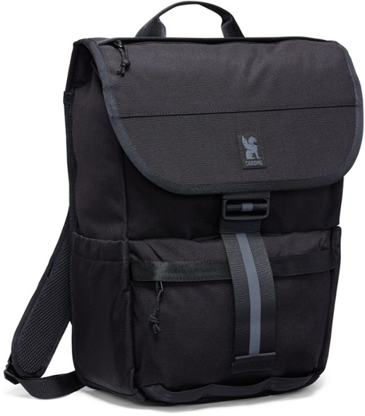 Side angle of the Chrome Corbet bike backpack showing water bottle pockets and U-lock slot