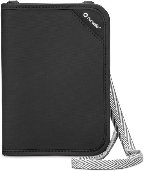 Front view of TravelGuard RFID-Blocking Compact Organizer with passport and cards.