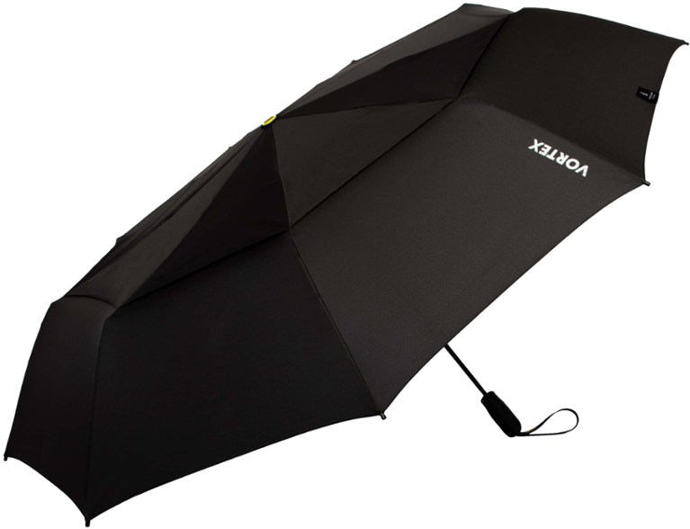 Close-up of VortexForce windproof umbrella with vented canopy opened during storm