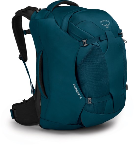 Osprey Fairview 55 women's travel backpack in use during a hike, highlighting its comfort and capacity.