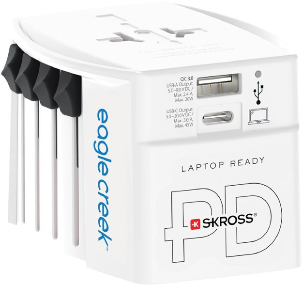 Universal travel adapter with USB-C and 45W fast charging for international destinations