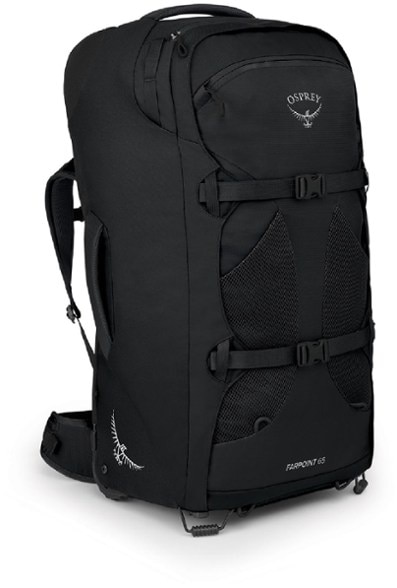 Side view of the lightweight travel backpack with wheels, highlighting the sturdy wheels and compact design