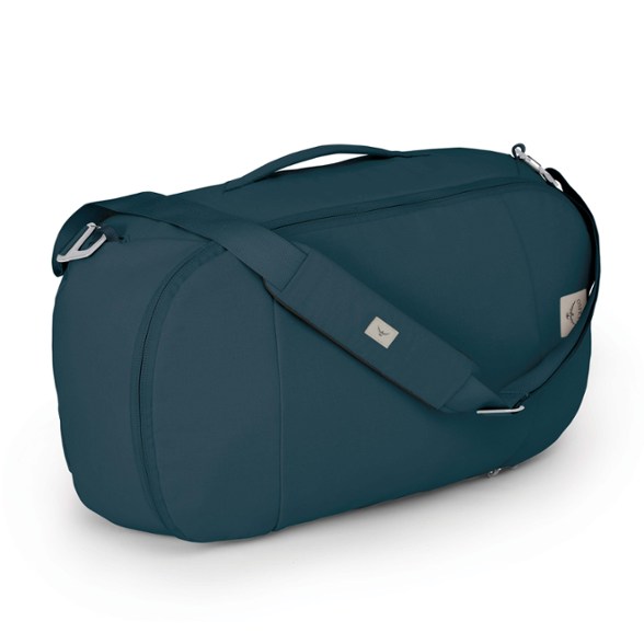 Osprey Arcane Duffel Pack in charcoal gray, shown in backpack carry mode with laptop sleeve visible