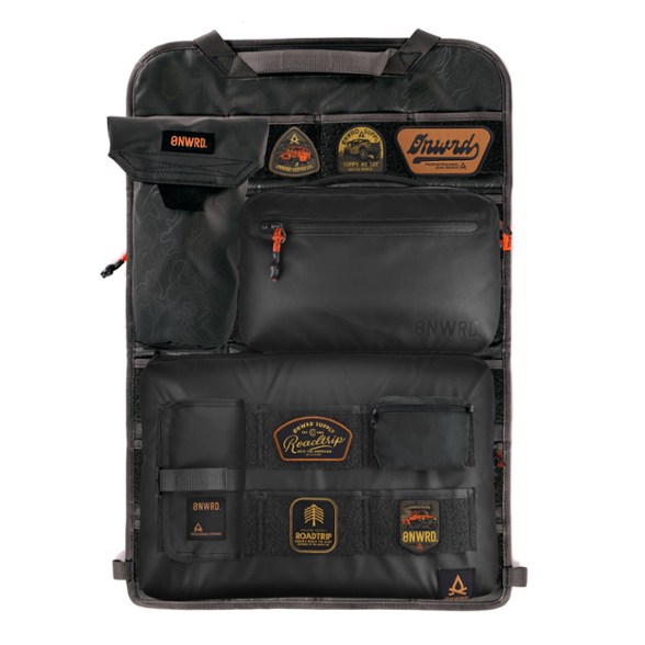 Close-up of the ONWRD single seat organizer kit showing modular pockets and base panel