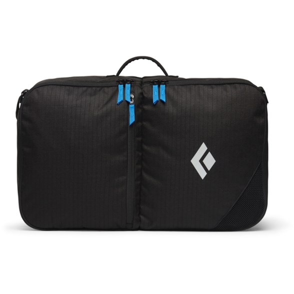 Front view of Black Diamond bouldering bag showing compartments and gear setup