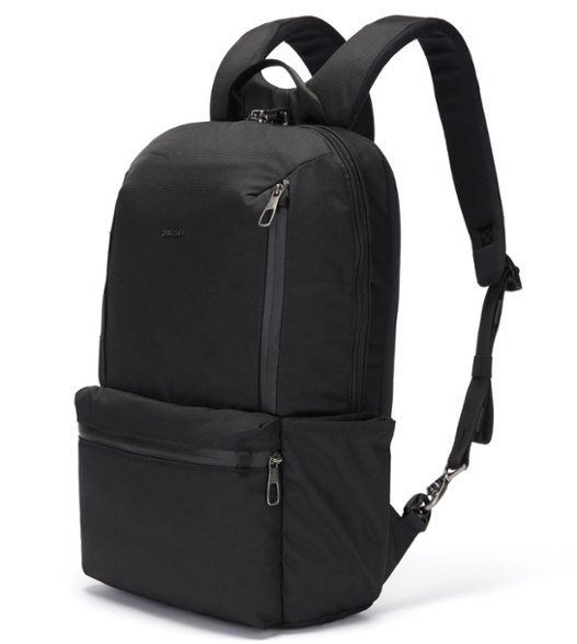 Pacsafe X Secure Travel Backpack in a crowded urban environment showcasing its slim profile.