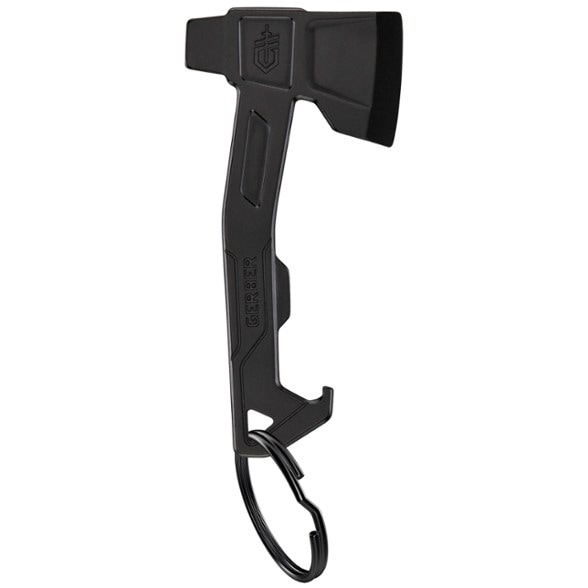 Gerber Hatchet keychain tool in use opening a bottle outdoors