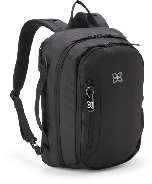Eco-friendly women's Mia travel backpack with RFID protection on a stylish outdoor setting.