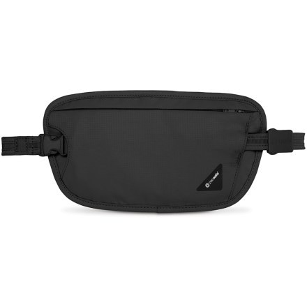 Front view of the secure travel waist pack showcasing its sleek design and RFID protection.
