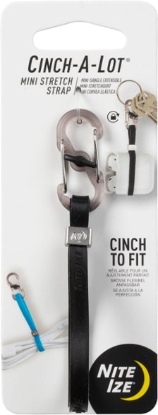 Cinch-A-Lot Mini Stretch Strap in use with earbuds and keychain clips