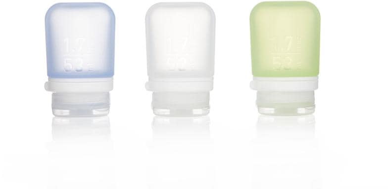 Humangear GoToob+ silicone travel bottles (3-pack) standing upright with caps secured by LoopLock