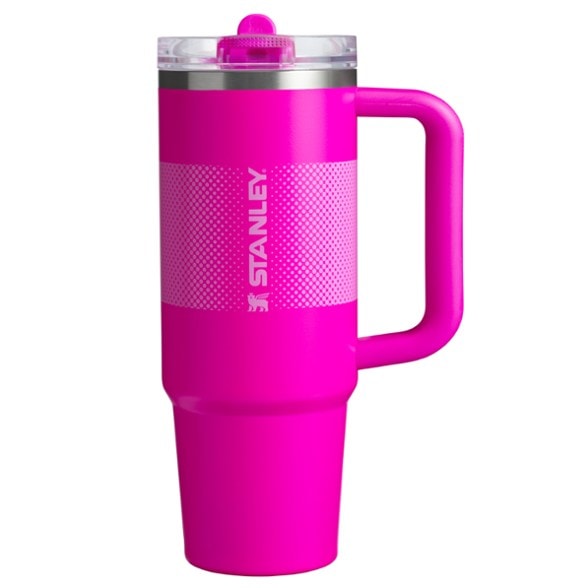 Top angle of Stanley tumbler showing flip straw lid and sleek steel finish