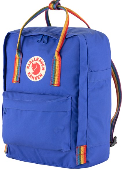 Front view of the Kånken Rainbow Classic backpack in blue with rainbow straps, perfect for colorful everyday use.