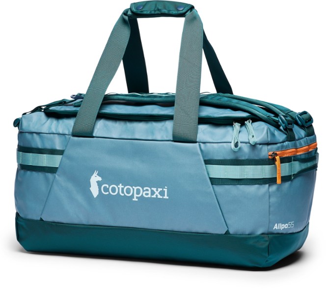 Front angle of the Cotopaxi Allpa Pro 55L showcasing removable backpack harness and duffel strap system.