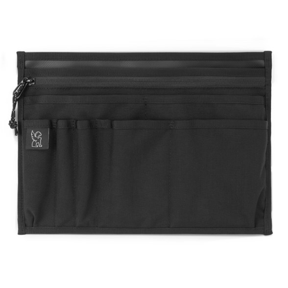 Chrome messenger organizer open, showing zippered pocket and document slots