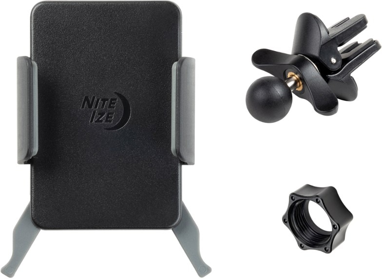 Nite Ize Squeeze Vent Mount Pro in use, holding a phone with case in a rental car