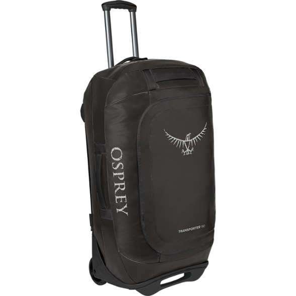 Front angle of the Osprey Transporter 90L wheeled duffel showing reinforced chassis and grab handles