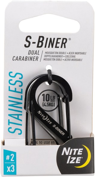 Close-up of EverLock stainless steel dual gate carabiner showing its two spring gates, ideal for securing keys or small outdoor accessories.